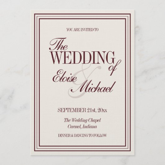 Elegant Script Burgundy Red Formal Wedding  招待状 (正面)