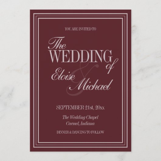 Elegant Script Burgundy Red Formal Wedding  招待状 (正面)