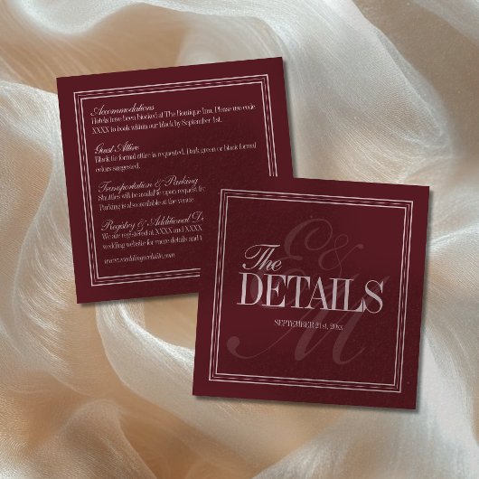 Elegant Script Burgundy Red Formal Wedding Details エンクロージャーカード
