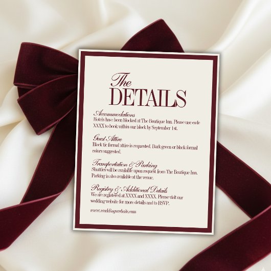 Elegant Script Burgundy Red Formal Wedding Details エンクロージャーカード