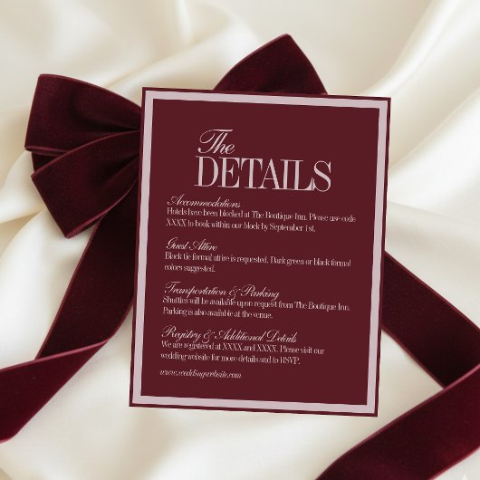 Elegant Script Burgundy Red Formal Wedding Details エンクロージャーカード