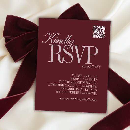 Elegant Script Burgundy Red QR Code Formal Wedding 出欠カード