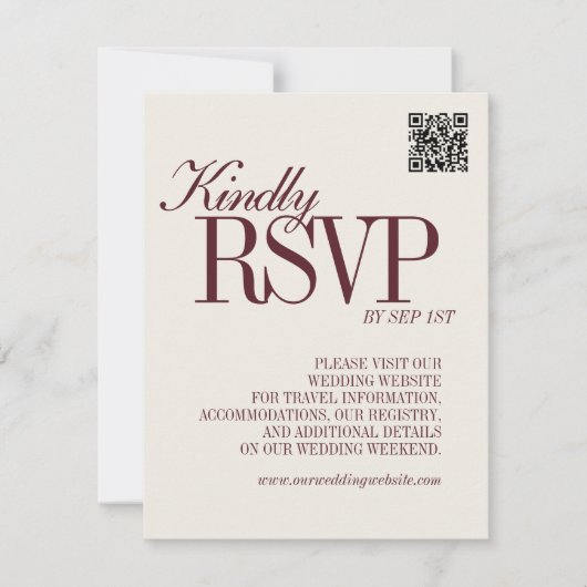 Elegant Script Burgundy Red QR Code Formal Wedding 出欠カード (正面)