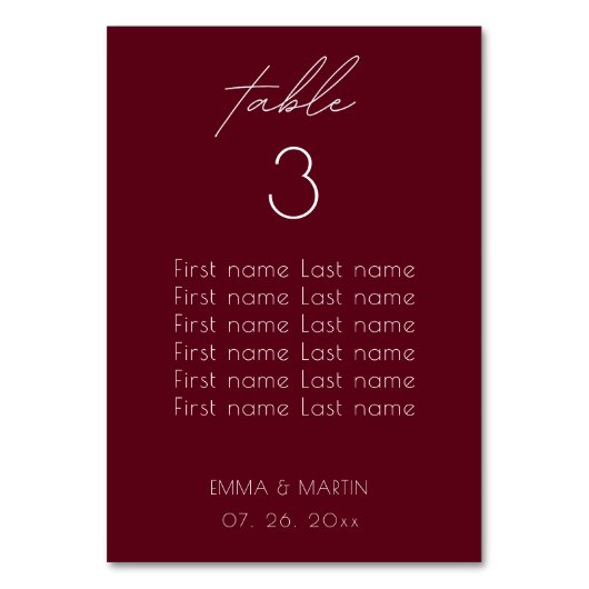 Elegant Script Burgundy Wedding Seating Chart テーブルナンバー (裏面)