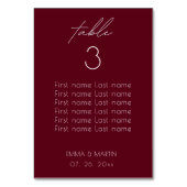 Elegant Script Burgundy Wedding Seating Chart テーブルナンバー (正面)