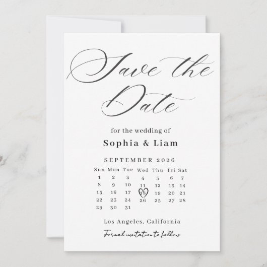 Elegant Script Calendar Save the Date Card 招待状 (正面)