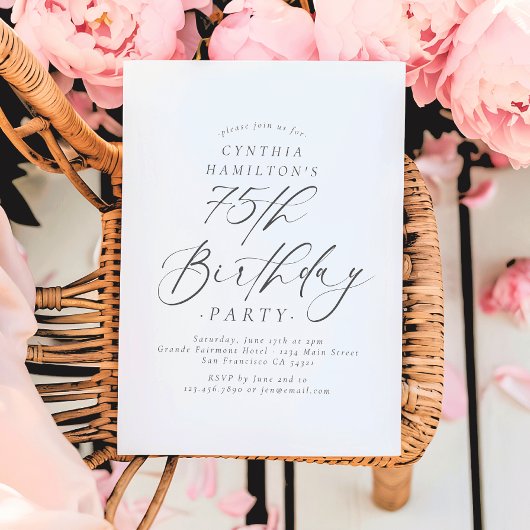 Elegant Script Calligraphy 75th Birthday Party  招待状