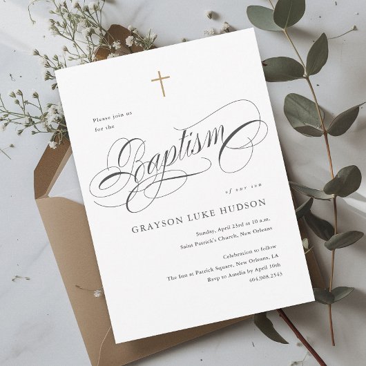 Elegant Script Calligraphy Black and White Baptism 招待状