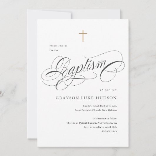 Elegant Script Calligraphy Black and White Baptism 招待状 (正面)