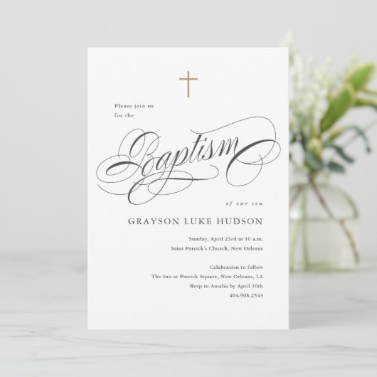Elegant Script Calligraphy Black and White Baptism 招待状 (スタンド正面)