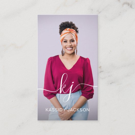 Elegant Script Calligraphy Monogram Logo & Photo 名刺 (正面)