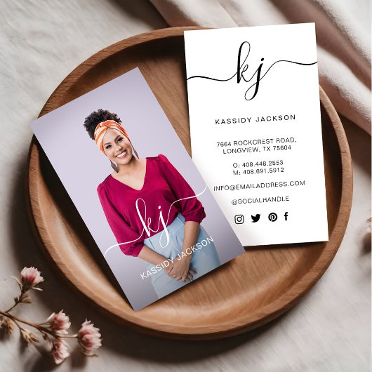 Elegant Script Calligraphy Monogram Logo & Photo 名刺