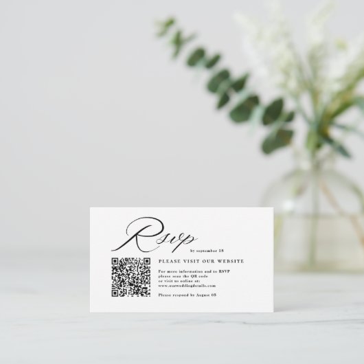Elegant Script Calligraphy & QR Code Wedding RSVP エンクロージャーカード (スタンド正面)