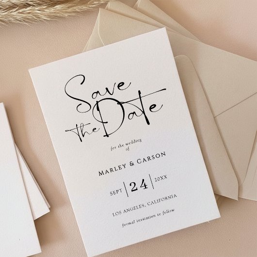 Elegant Script Calligraphy Save The Date Wedding 招待状