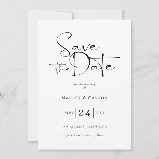Elegant Script Calligraphy Save The Date Wedding 招待状 (正面)