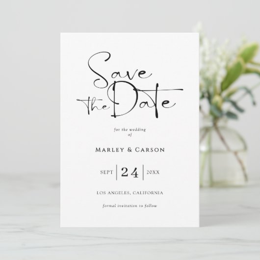 Elegant Script Calligraphy Save The Date Wedding 招待状 (スタンド正面)