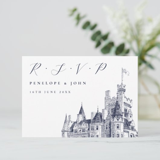 Elegant Script Castle Illustration Wedding 出欠カード (スタンド正面)