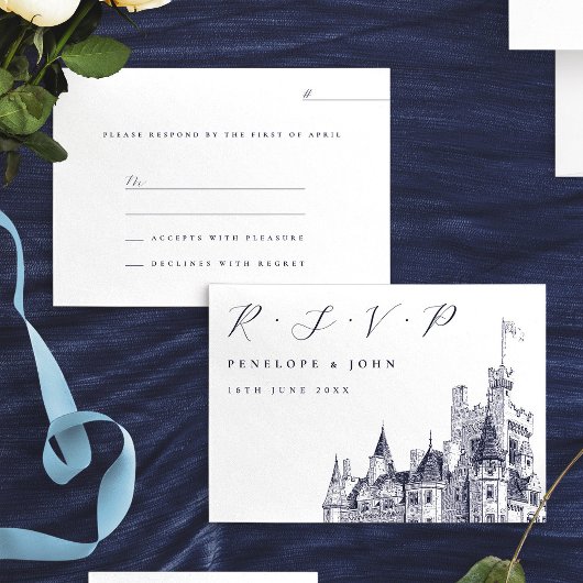 Elegant Script Castle Illustration Wedding 出欠カード