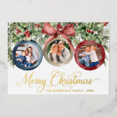Elegant Script Christmas Ornaments Family Photos 箔シーズンカード (正面)