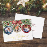 Elegant Script Christmas Ornaments Family Photos 箔シーズンカード<br><div class="desc">With elegant classic Merry Christmas script in real gold foil, this luxurious Christmas card with a traditional feel features 3 photo templates in ornaments, decorated with a variety of holiday watercolor greenery, holly berries, and a red bow. If you need more matching products or other colorways, please contact me through...</div>