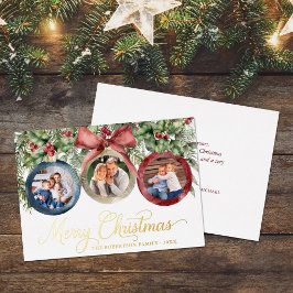 Elegant Script Christmas Ornaments Family Photos 箔シーズンカード