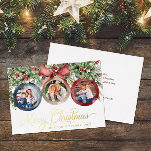 Elegant Script Christmas Ornaments Family Photos 箔シーズンカード