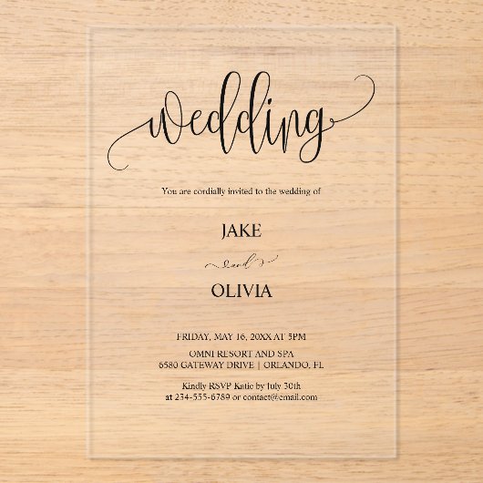 Elegant Script Clear Acrylic Wedding Invitation アクリル招待状 (正面)