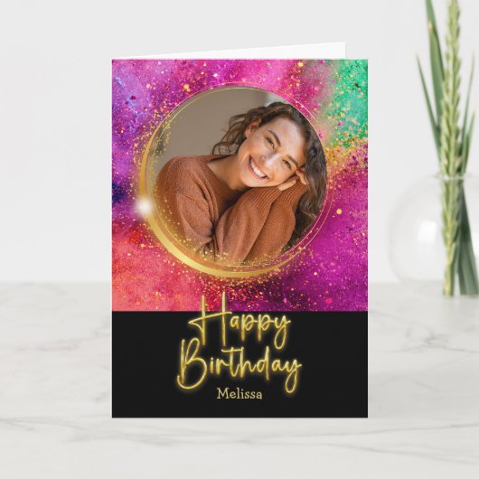 Elegant Script Colorful Glitter Photo Birthday カード (正面)