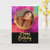 Elegant Script Colorful Glitter Photo Birthday カード (黄色い花)