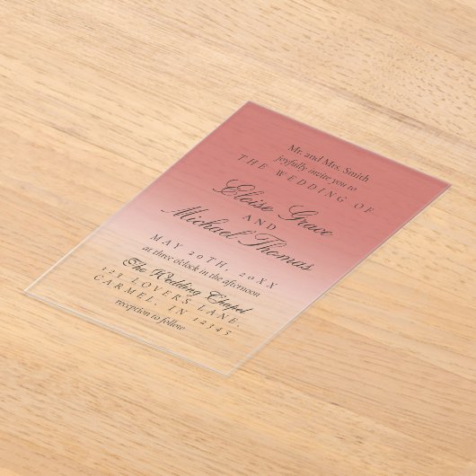 Elegant Script Cranberry Red Gradient Wedding アクリル招待状 (レイダウン)