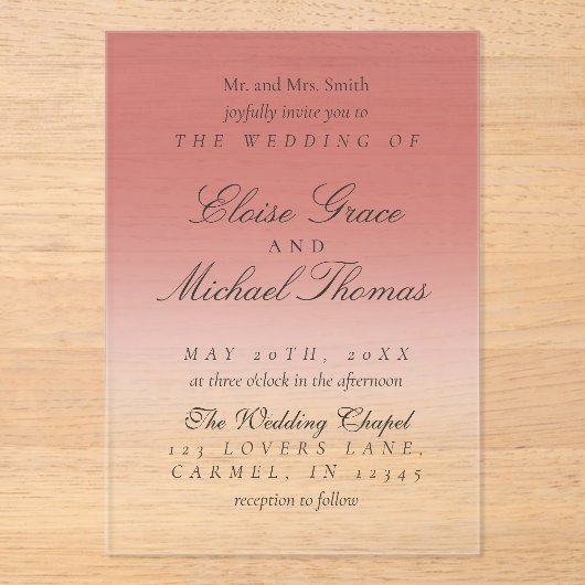 Elegant Script Cranberry Red Gradient Wedding アクリル招待状 (正面)