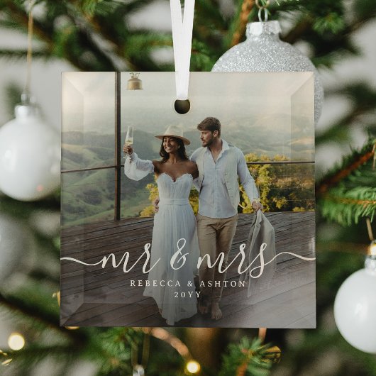 Elegant Script & Custom Newlyweds Photo Christmas ガラスオーナメント