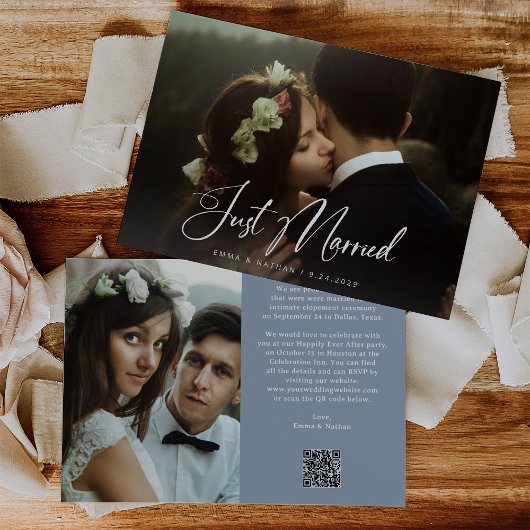 Elegant Script Dusty Blue | QR Code Just Married 招待状