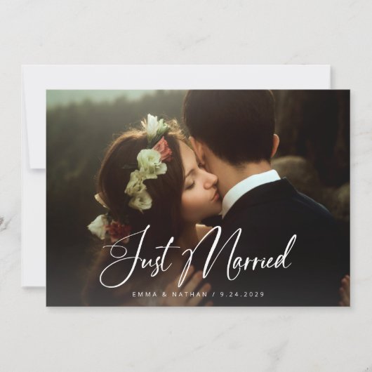 Elegant Script Dusty Blue | QR Code Just Married 招待状 (正面)