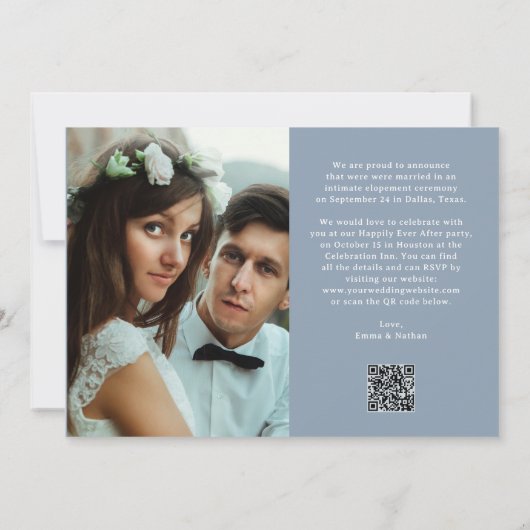 Elegant Script Dusty Blue | QR Code Just Married 招待状 (裏面)