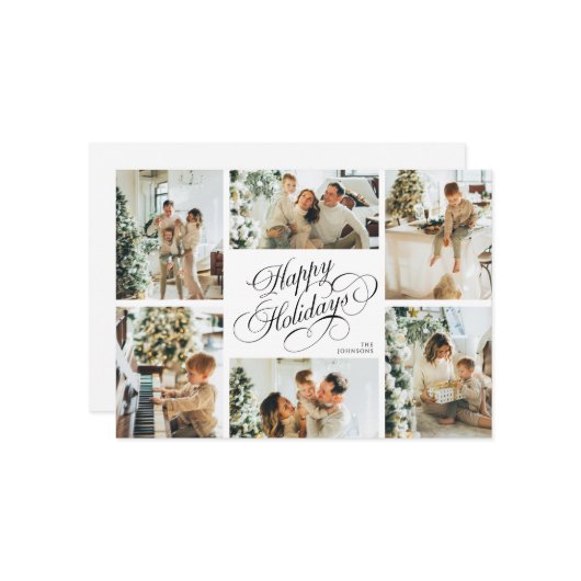 Elegant Script & Family Photo Collage Christmas シーズンカード (正面/裏面インサイチュ)
