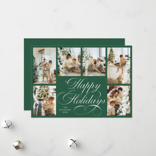 Elegant Script & Family Photo Collage Christmas シーズンカード (正面/裏面インサイチュ)