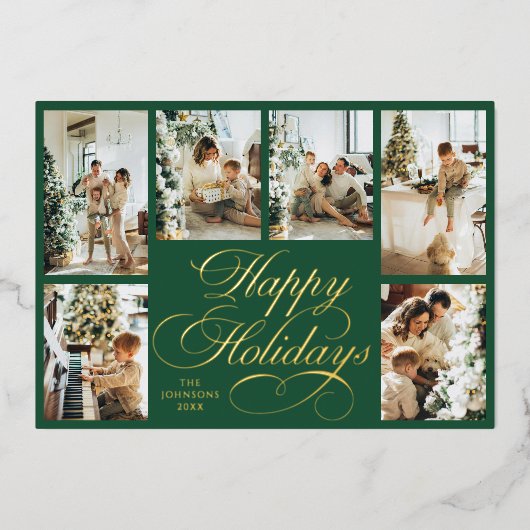 Elegant Script & Family Photo Collage Christmas 箔シーズンカード (正面)