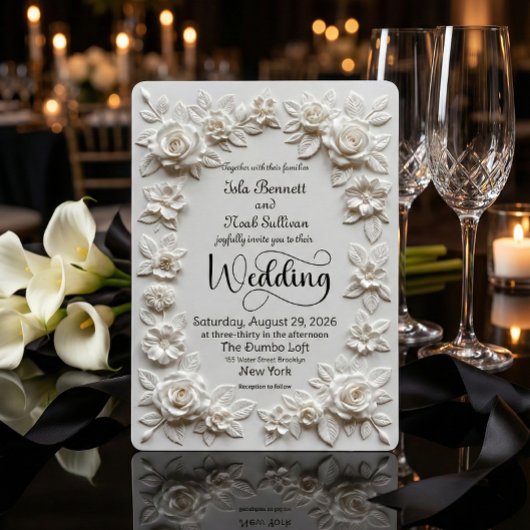 Elegant Script Faux Embossed Roses Formal Wedding 招待状