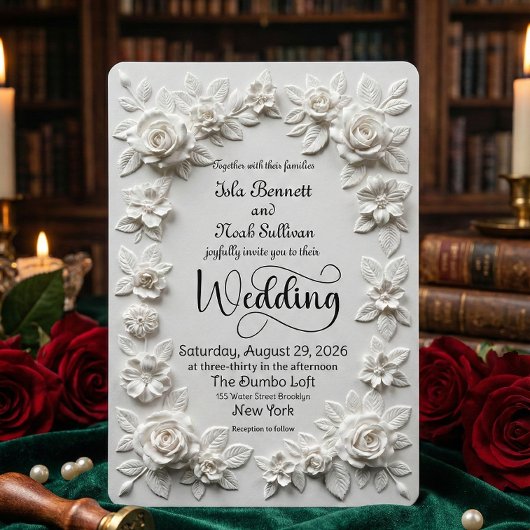 Elegant Script Faux Embossed Roses Formal Wedding 招待状