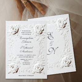 Elegant Script Faux Embossed Roses Formal Wedding 招待状