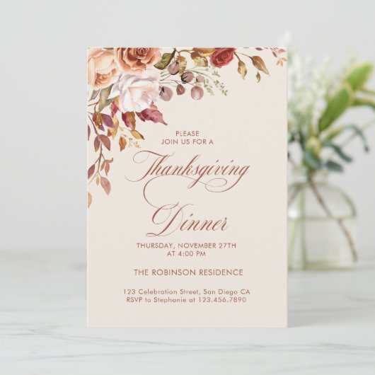 Elegant Script Floral Thanksgiving Dinner  招待状 (スタンド正面)