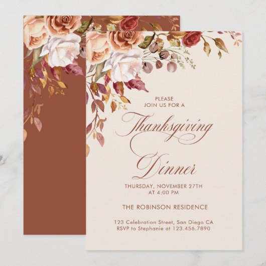 Elegant Script Floral Thanksgiving Dinner  招待状 (正面/裏面)