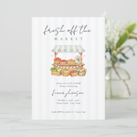 Elegant Script Fresh Off the Market Bridal Shower 招待状 (スタンド正面)