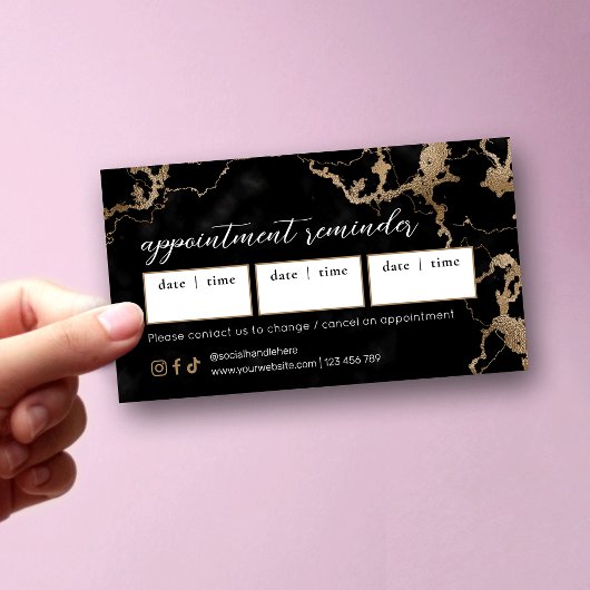 Elegant Script Gold & Black Marble Beauty Salon 予約カード