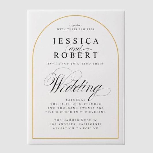 Elegant Script Gold Border Wedding Arch ベラム紙招待状 (正面)