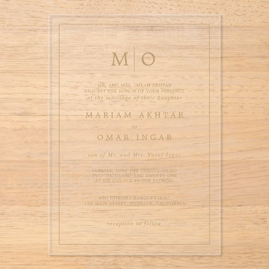 Elegant Script Gold Monogram アクリル招待状 (正面)