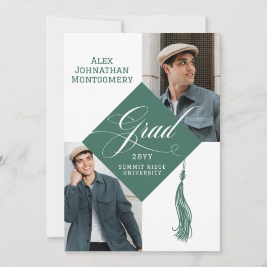 Elegant Script Grad Cap Tassel Graduation Photo 招待状 (正面)