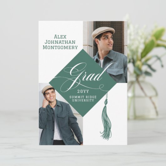 Elegant Script Grad Cap Tassel Graduation Photo 招待状 (スタンド正面)