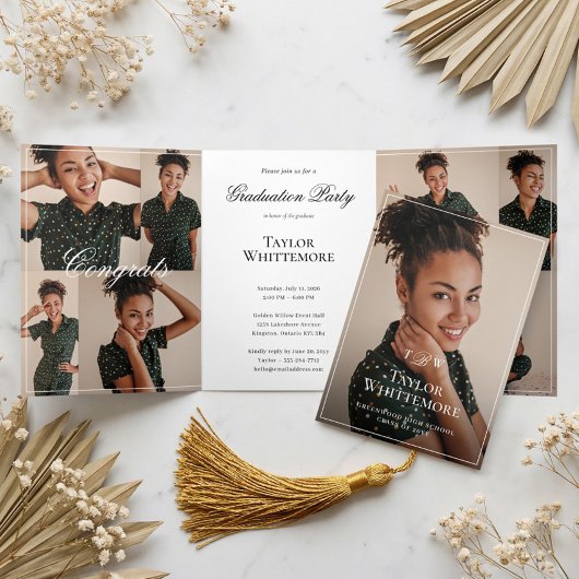 Elegant Script Grad Photo Collage Graduation Party 三つ折り招待状